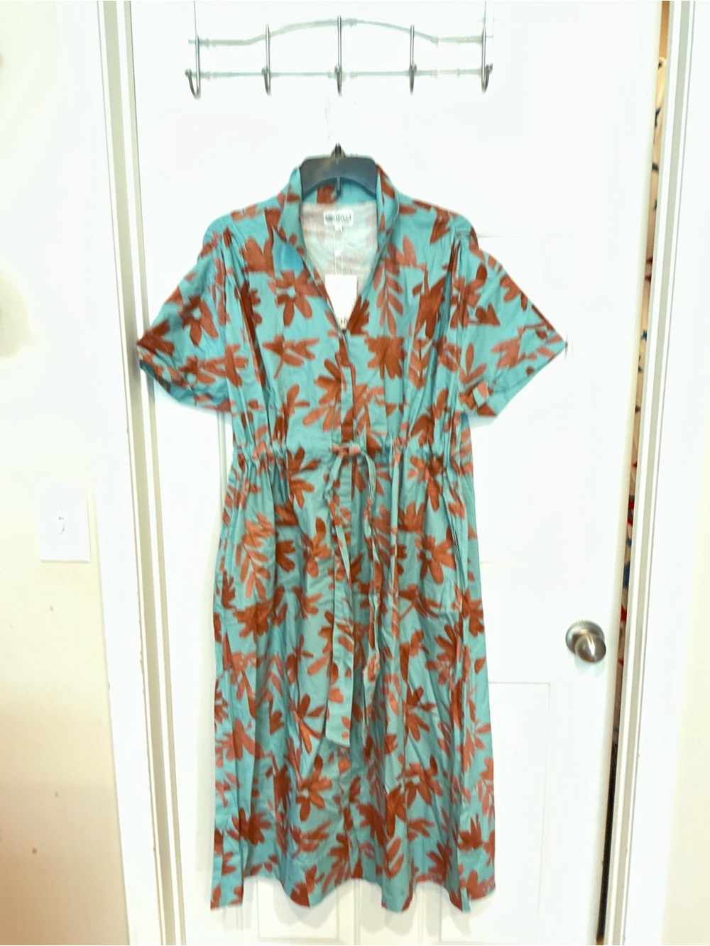 Floral Tie-Waist Midi Dress in Teal and Rust